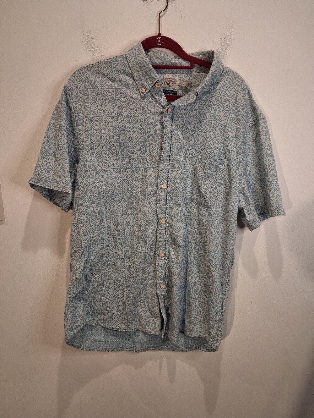 Faherty Mens Size L Beachy Blue Button Down Short Sleeves Shirt
